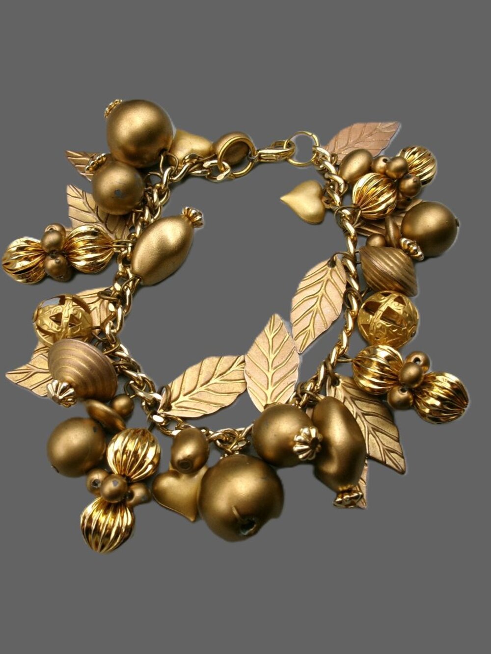 Charm Bracelet Hearts, Leaves, Beads, Coppery Gold, Vintage Jewelry